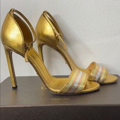 Gently Loved/Pre Owned Authentic Gucci Stiletto Heels. Please See All Pictures For Reference. Size 37, Us Size 7 Gucci Silver Designer Heels, Gucci Silver Evening Heels, Gucci Silver Heels For Evening, Silver Gucci Heels For Evening, Designer Metallic Open Heel Shoes, Designer Silver Gucci Heels, Silver Designer Gucci Heels, Designer Metallic Round Toe Heels, Glamorous Gucci Ankle Strap Heels