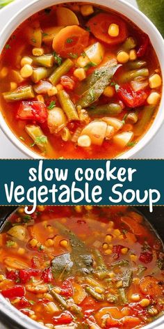 two pictures with different types of vegetable soup in them and the words slow cooker vegetable soup