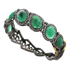 "18kt gold:2.77g, Diamond:2.4ct, Silver:22.68gm, Emerald:20.20ct" Size;65X58X18MM Luxury Green Fine Jewelry Bangle, Luxury Emerald Jewelry With Single Cut Diamonds, Luxury Green Bangle, Luxury Round Emerald Bracelets, Luxury Emerald Bangle Jewelry, Luxury Oval Gemstone Bangle, Modern Bracelets, Bangle Designs, Green Emerald