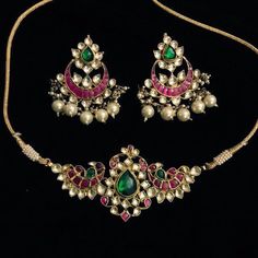 *It's Handmade Gold Plated Indian Kundan Jewelry Necklace and Earrings Set. *It's 22 K Gold Plated made from Silver and Copper Mix material and also using handcut stones like shown in picture. *It's beautiful Ethnic Indian Wedding Choker with Statement Earrings. *It's Necklace is approx 5 inch wide Earrings are 1.5 Inch Long. *Necklace and Earrings are same like shown in picture. *It will come with adjustable string which fits all Neck size. *Our all jewelry is made from semiprecious stones and Rajput Jewellery, Wedding Choker Necklace, Choker Sets, Hyderabadi Jewelry, Indian Diamond Jewellery, Statement Necklace Gold, Choker Necklace Designs, Gold Necklace Indian, Kundan Jewelry