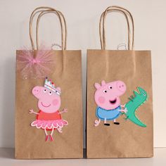 two brown bags with peppa pig and alligator on them, one has a pink dress