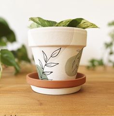 a potted plant sitting on top of a wooden table next to green leaves and plants