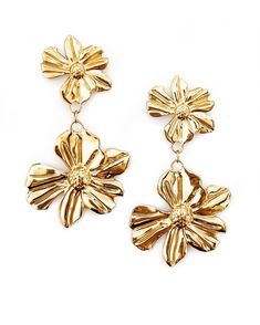 These Peggy Vintage Gold Flower Earrings will add a touch of whimsy and nostalgia to any outfit. The vintage-inspired flower statement design is a playful and charming addition to your jewelry collection. Length 2.5" Stud post Waterproof Tarnish resistant 18K Gold plated stainless steel Hypoallergenic Gold Flower Earrings, Flower Drop Earrings, Body Soap, Gold Flower, Gold Flowers, Basket Decoration, Journal Cards, Flower Earrings, Jewelry Branding