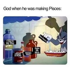 an image of a cartoon character pouring something into a bowl with the caption god when he was making pieces