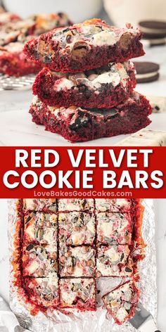 red velvet cookie bars stacked on top of each other