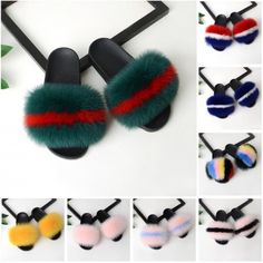 Women's Fox Fur Slides Rainbow Color Furry Open Toe Outdoor Fur Slippers Fluffy Shoes, Shoes For School, Fur Sliders, Fur Sandals, Faux Fur Slides, Black Army, Shoes Photography, Fur Slippers, Slippers Cozy