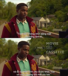 two different images of a man in a red jacket and green shirt with the words movie castle on it