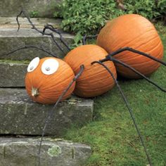 three pumpkins with googly eyes sitting on some steps