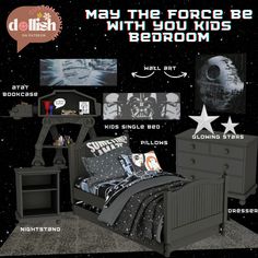 the star wars bedroom is decorated in black and white