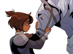 a woman is petting the head of a white and black horse in an animated style