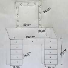 a drawing of a desk with drawers and a mirror on it's top shelf