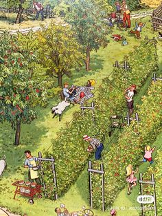 a painting of people picking fruit in an apple orchard with sheep and children playing on the grass