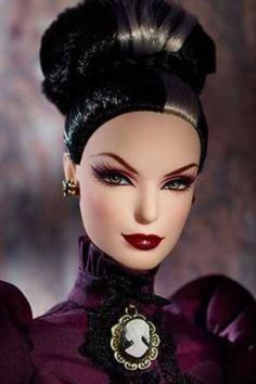 a close up of a doll wearing a purple dress and headpiece with black hair