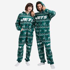 New York Jets Ugly Pattern One Piece Pajamas FOCO - FOCO.com Womens Pjs, Football Sunday, Matching Christmas Pajamas, Nfl Teams Logos, Onesie Pajamas, Christmas Pajama Set, Word Mark Logo, Matching Family Pajamas, Family Christmas Pajamas