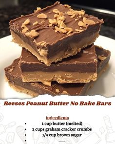 three pieces of peanut butter no bake bars stacked on top of each other