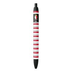 a red and white striped pen on a white background