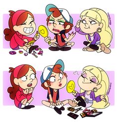 three cartoon girls with different expressions on their faces and one girl holding a yellow lollipop