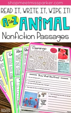 four animal non fiction passages with the text read it write it, wipe it