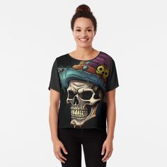 Get my art printed on awesome products. Support me at Redbubble #RBandME: https://www.redbubble.com/i/top/Skull-Hat-Clown-Jester-by-GarmentGallery/144455860.B7P0O?asc=u Chiffon Top Designs, Dressy Tops, Chiffon Top, Chiffon Tops, Fitness Models