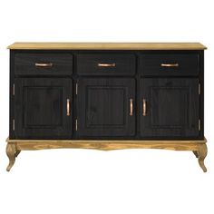 the sideboard is made out of wood and has two drawers, one with gold handles