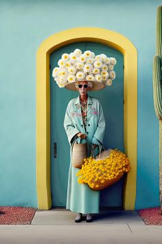 a woman with flowers on her head standing in front of a blue wall holding a basket