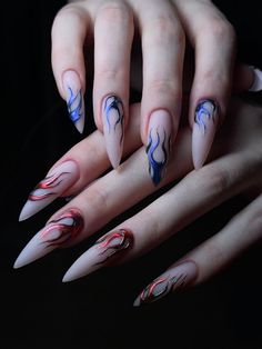 Blue And Red Nails, Nail Art Designs Images, Punk Nails, Anime Nails, Bling Acrylic Nails, Gem Nails