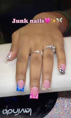 Mini Nail Designs, Barbie Junk Nails, Pink And Blue French Tip Nails Short, Nail For Cruise, La Nails Design, Cute Short Nail Sets Birthday, Nails Freestyle, Blue On Blue French Tip Nails, Short Nails Colorful