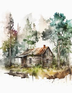 watercolor painting of an old log cabin in the woods