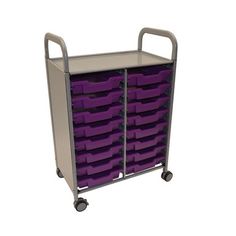 a cart with many purple bins and wheels on the front, it is also holding several