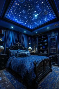 a bed room with a neatly made bed under a sky filled with stars and lights