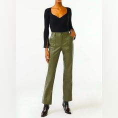 Sophisticated Style With A Laid-Back Vibe, That's The Beauty Of These Vegan Leather Pants In Green Moss Color. Versatile And Unstoppable, These Pants Easily Replace Your Weekend Jeans Or Pair Them With A Cozy Sweater And Boots For Work Or Try Them With A Trendy Top For A Night Out. The Options Are Endless...And Pretty Fabulous Too. Material: 100% Polyester With Polyurethane Finish Care: Machine Washable Country Of Origin: Imported Size: Model Is 5'11.5" And Is Wearing A Size 4 Fit: Straight Fit Green Leather Pants For Work In Fall, Chic Green Leather Pants For Work, Chic Green Leather Pants For Fall, Chic Fitted Green Leather Pants, Boots For Work, Moss Color, Vegan Leather Pants, Trendy Top, Leather Trousers