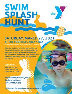 the swim splash hunt flyer is shown with an image of a child in swimming goggles