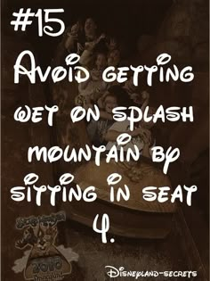 an image with the words, 15 avoid getting wet on splash mountain by sitting in seat