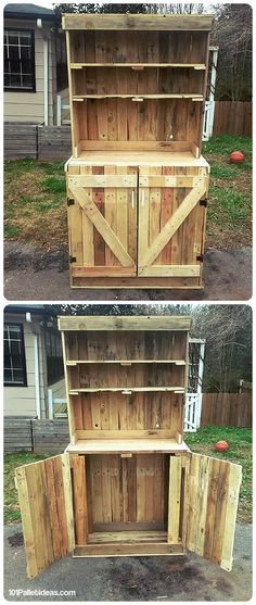 an old wooden bookcase with sliding doors is being repurposed into a cabinet