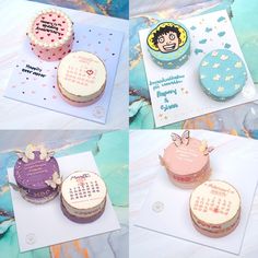 four cupcakes with different designs on them