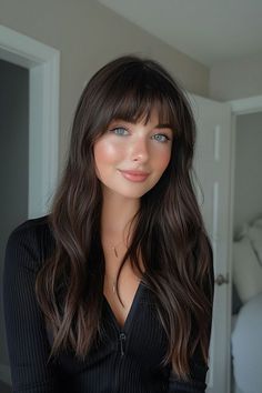 Long Hair With A Fringe, Chest Length Hair With Bangs, Long Dark Hair With Bangs Round Face, Women Haircut With Bangs, Bangs On Women, Bangs No Layers, Jet Black Hair With Bangs, Brunette Bangs Long Hair, Long Hair Short Bangs