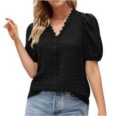 clearance Store,under $10 Clothes StoreClick Here Usmixi Cute Tops for Women Solid V-Neck Short Sleeve T shirts Summer Puff Sleeve Elegant Lace Trim Comfy Chiffon Tunic Blouses Black S  Features:Women's Top Shirt,T Shirts,Short Sleeve,V-Neck,Solid,Fashion,casual style,soft and stretchy, flowy , comfortable to wear. Simple design make it fashion forever.  Comfy Material:This casual top is made of 95% Rayon plus 5% Spandex, it is very soft,comfortable,stretchy and light-weight.The loose t-shirt wi Fashion 2023 Casual, Summer Blouses For Women, Turtleneck Pattern, Chiffon Tunic, Womens Tops Dressy, Tops Short Sleeve, Womens Blouses, Fashion Forever, Casual Summer Tops