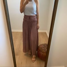 Boho Style Maxi Skirt. Lightweight, Flowy Material With Gathered Waist. Casual Purple Skirt With Elastic Waistband, Casual Purple Relaxed Maxi Skirt, Casual Purple Lined Skirt Bottoms, Casual Purple Lined Skirt, Casual Purple Maxi Skirt For Beach, Casual Brown Maxi Skirt For Vacation, Purple Flowy Maxi Skirt For Vacation, Casual Purple Skirt For Beach, Casual Purple Beach Skirt