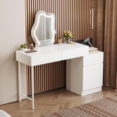 a white dressing table with a mirror and flowers on it in front of a striped wall