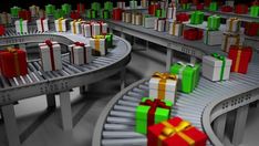 there are many presents on the conveyor belt