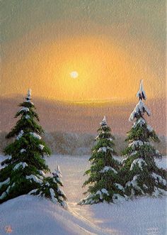 a painting of snow covered pine trees in front of a setting sun on a snowy day