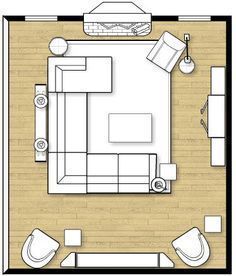 a drawing of a small living room with furniture and decor on the floor, top view