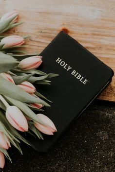 a bible with pink tulips laying on top of it