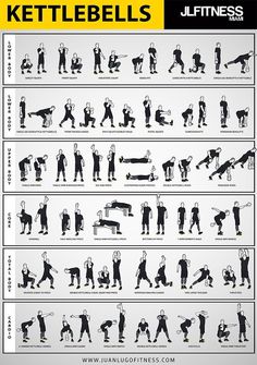 the kettlebells workout chart shows how to do them in different positions and exercises