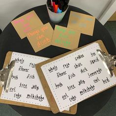 three pieces of paper with writing on them sitting on top of a table next to markers and pens