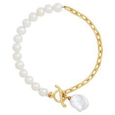 A playful modern take on a classic Dower & Hall design, this eclectic Luna Pearls bracelet combines 6mm round freshwater pearls and yellow gold vermeil rectangular link chain to dramatic effect. Accented with a 12 x 10mm keshi pearl drop, it fastens with a hammered t-bar and loop clasp. A timeless classic with a twist. We have been creating a wonderful world of everyday and fine jewellery since 1990 and have become known for our easy-to-wear pieces that become treasured favourites. Over the year Luxury Gold Pearl Jubilee Bracelet, Modern Gold Pearl Bracelets, Modern Gold Pearl Bracelet, Modern Yellow Gold Pearl Bracelet As Gift, Modern Yellow Gold Pearl Bracelet For Gift, Modern Yellow Gold Pearl Bracelet Gift, Modern Yellow Gold Pearl Bracelet, Modern Pearl Chain Bracelet, Everyday Pearl Bracelet With Pearl Charm