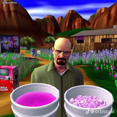 a man holding two buckets filled with pink liquid in front of a purple flower field