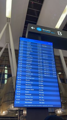 a large blue sign in the middle of an airport with lots of information on it