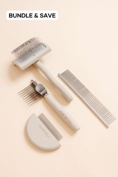 three hair brushes and combs are arranged on a beige background with the words bundle & save