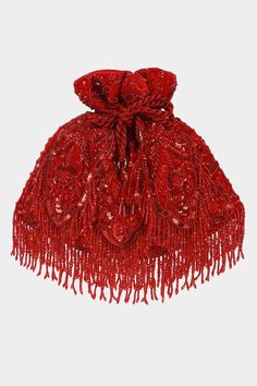 Red velvet potli bag with intricate tone-on-tone sequin, cutdana, bead embroidery in floral pattern and crystal tassel drops. - Aza Fashions Potli Bag, Potli Bags, Red Sequin, Bead Embroidery, Aza Fashion, Beaded Embroidery, Red Velvet, Tassels, Floral Pattern